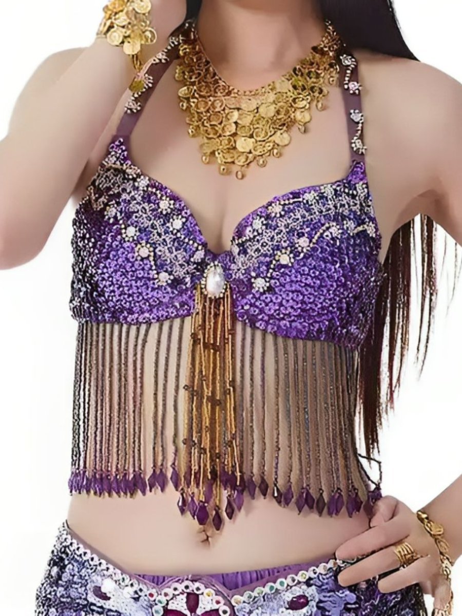 Halter Sequins Sleeveless Bra with Rhinestone & Beading for Belly Dance