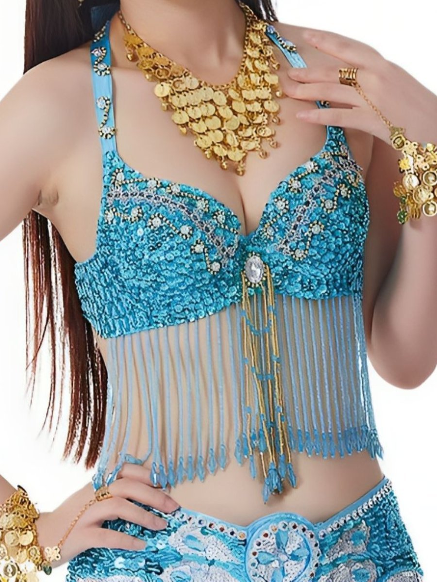 Halter Sequins Sleeveless Bra with Rhinestone & Beading for Belly Dance
