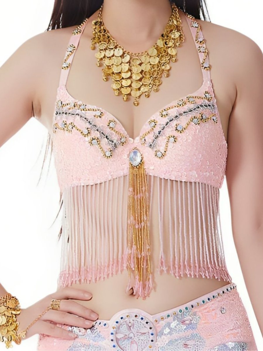 Halter Sequins Sleeveless Bra with Rhinestone & Beading for Belly Dance