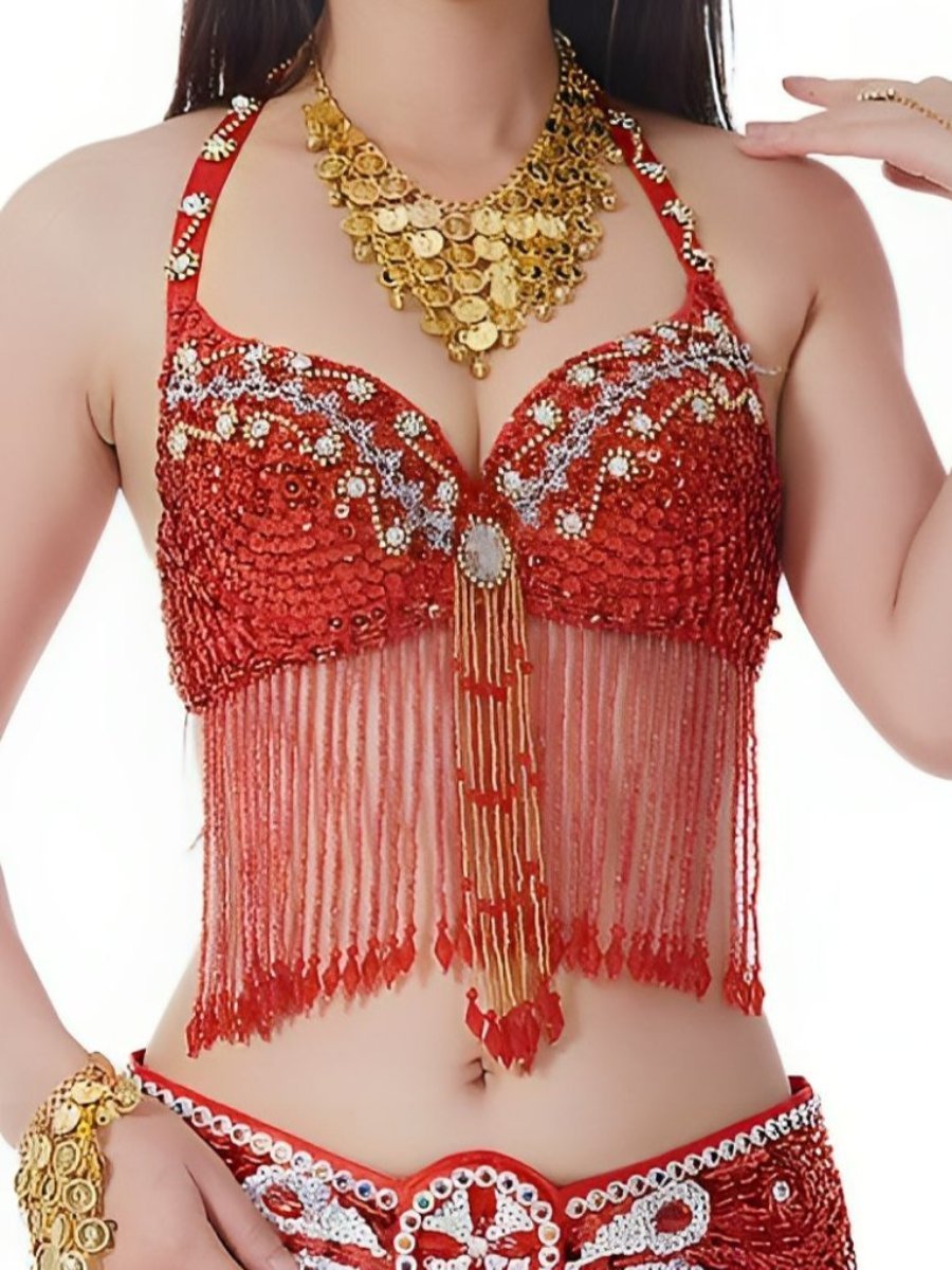 Halter Sequins Sleeveless Bra with Rhinestone & Beading for Belly Dance