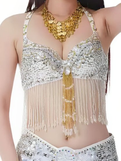 Halter Sequins Sleeveless Bra with Rhinestone & Beading for Belly Dance