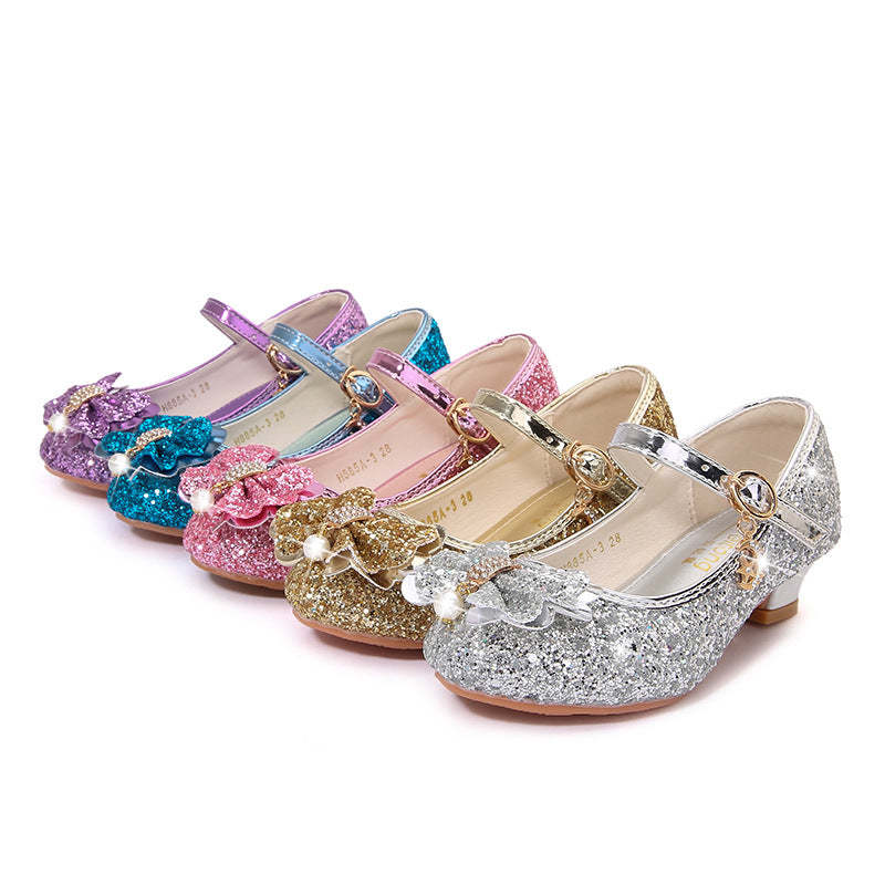 Round-toe sparkling shoes for girls with sequined bow pearl and buckle