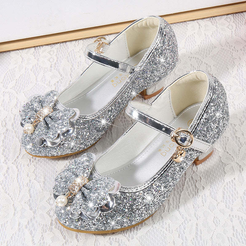Round-toe sparkling shoes for girls with sequined bow pearl and buckle