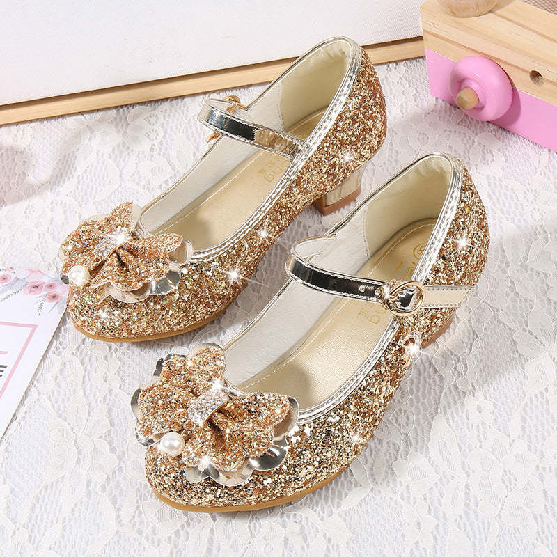 Round-toe sparkling shoes for girls with sequined bow pearl and buckle