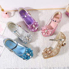 Round-toe sparkling shoes for girls with sequined bow pearl and buckle