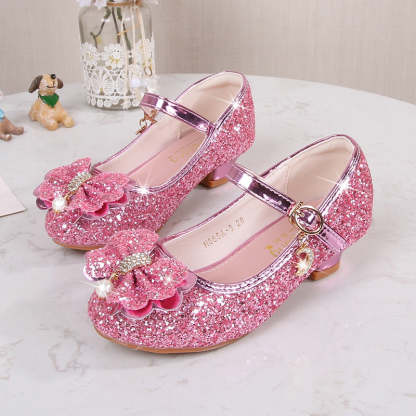 Round-toe sparkling shoes for girls with sequined bow pearl and buckle
