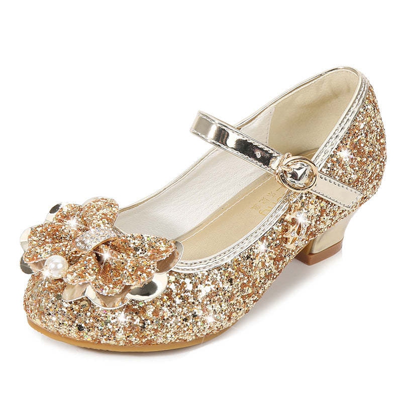 Round-toe sparkling shoes for girls with sequined bow pearl and buckle