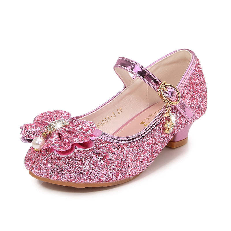 Round-toe sparkling shoes for girls with sequined bow pearl and buckle