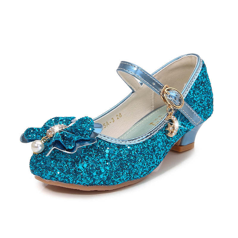 Round-toe sparkling shoes for girls with sequined bow pearl and buckle
