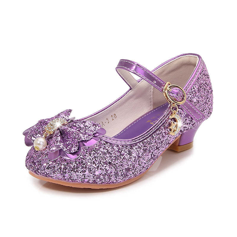 Round-toe sparkling shoes for girls with sequined bow pearl and buckle