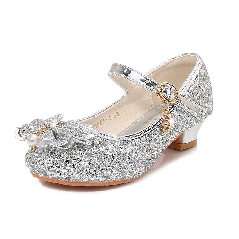 Round-toe sparkling shoes for girls with sequined bow pearl and buckle