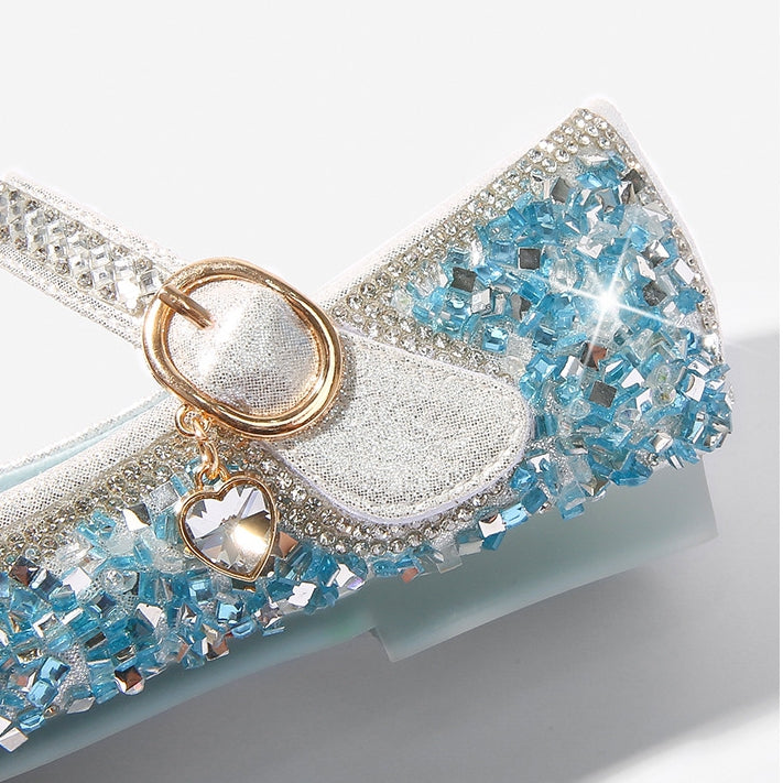 Round-toe low-heel shoes for girls featuring sparkling rhinestones and a Velcro bow