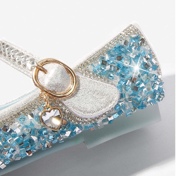 Round-toe low-heel shoes for girls featuring sparkling rhinestones and a Velcro bow