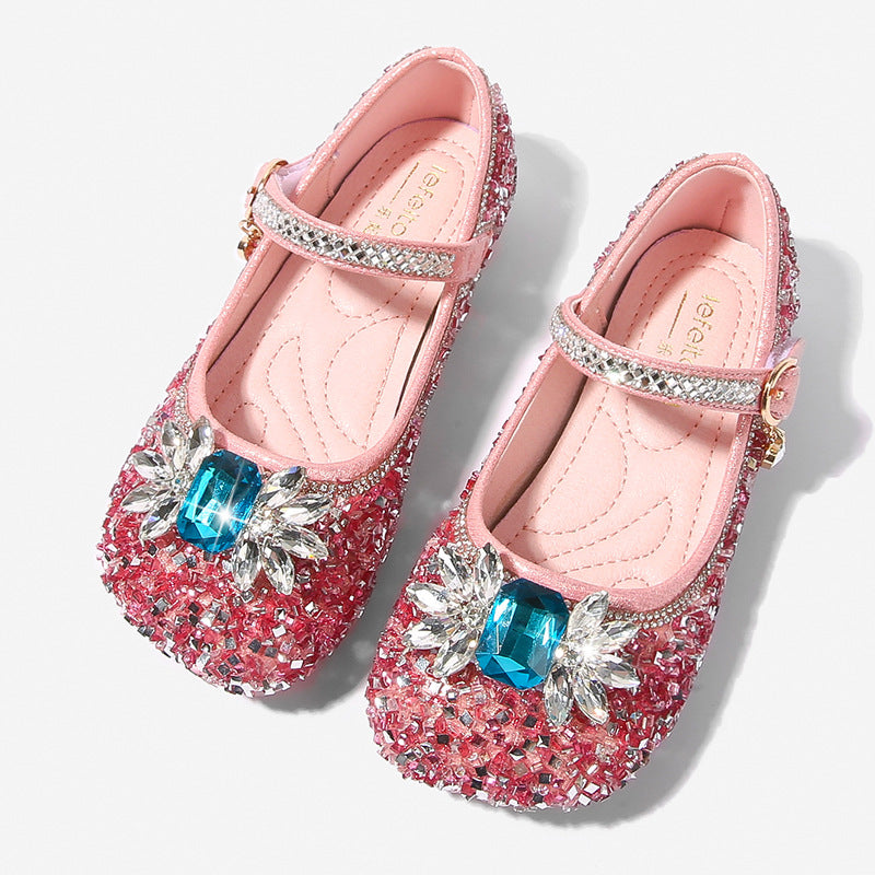 Round-toe low-heel shoes for girls featuring sparkling rhinestones and a Velcro bow