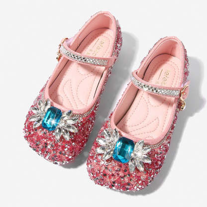 Round-toe low-heel shoes for girls featuring sparkling rhinestones and a Velcro bow