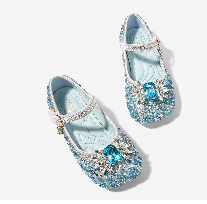 Round-toe low-heel shoes for girls featuring sparkling rhinestones and a Velcro bow