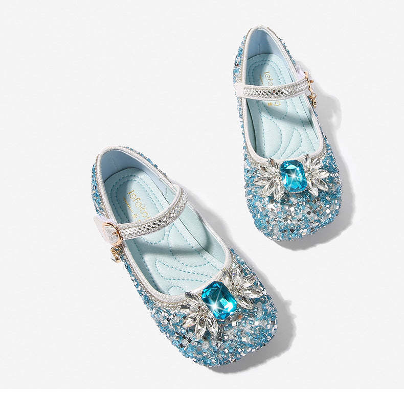 Round-toe low-heel shoes for girls featuring sparkling rhinestones and a Velcro bow