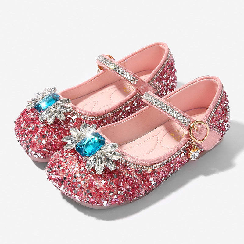 Round-toe low-heel shoes for girls featuring sparkling rhinestones and a Velcro bow