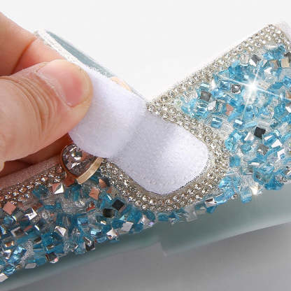 Round-toe low-heel shoes for girls featuring sparkling rhinestones and a Velcro bow
