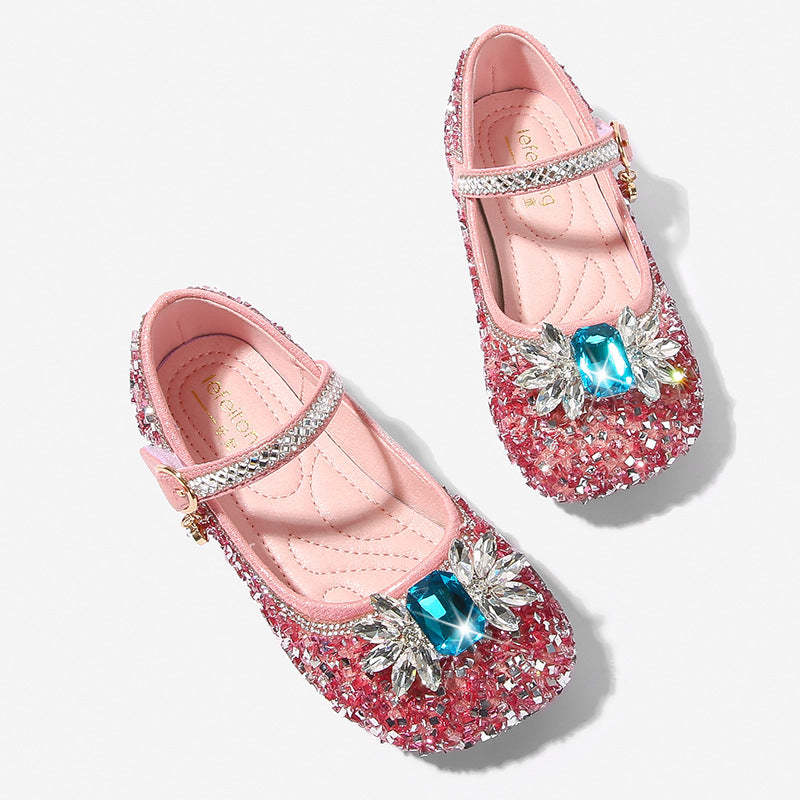 Round-toe low-heel shoes for girls featuring sparkling rhinestones and a Velcro bow