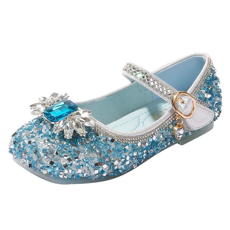 Round-toe low-heel shoes for girls featuring sparkling rhinestones and a Velcro bow