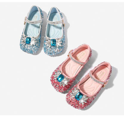 Round-toe low-heel shoes for girls featuring sparkling rhinestones and a Velcro bow