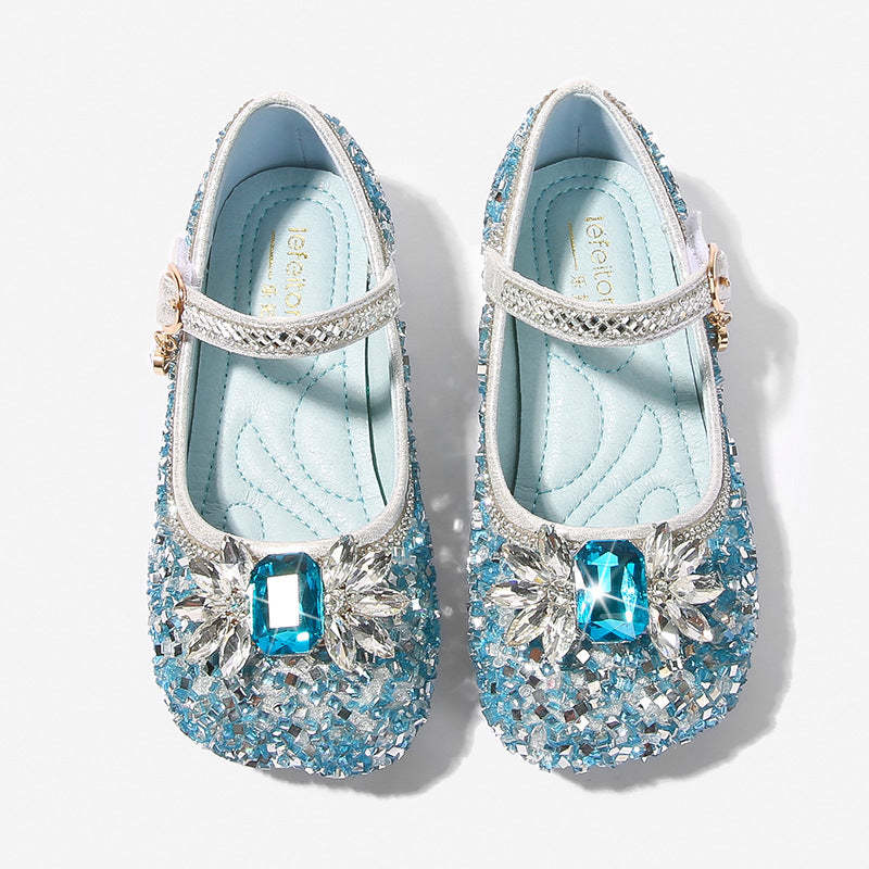 Round-toe low-heel shoes for girls featuring sparkling rhinestones and a Velcro bow