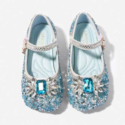 Round-toe low-heel shoes for girls featuring sparkling rhinestones and a Velcro bow