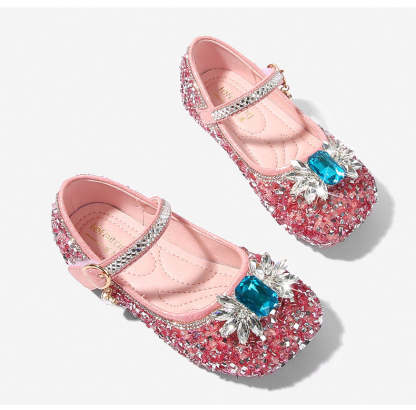 Round-toe low-heel shoes for girls featuring sparkling rhinestones and a Velcro bow