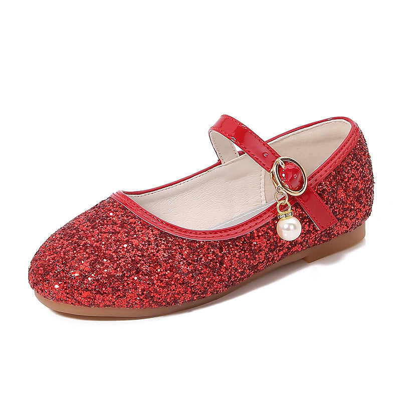 Minimalist Low Heel Round Toe Girl's Shoes with Sparkling Sequins Buckle & Pearl