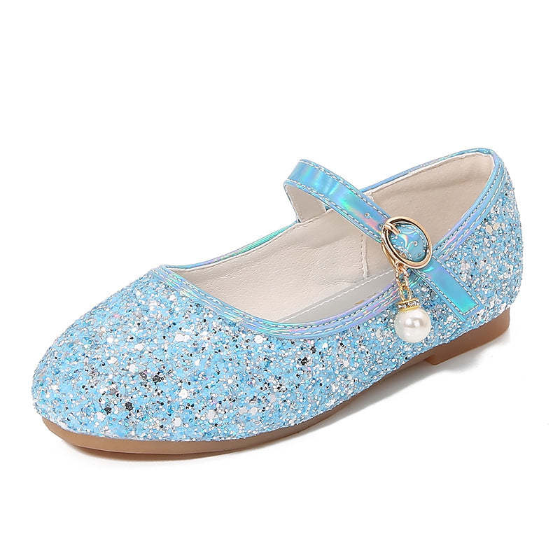 Minimalist Low Heel Round Toe Girl's Shoes with Sparkling Sequins Buckle & Pearl