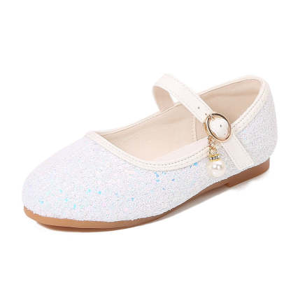 Minimalist Low Heel Round Toe Girl's Shoes with Sparkling Sequins Buckle & Pearl