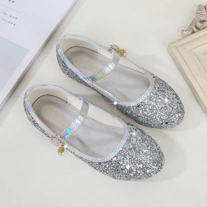 Minimalist Low Heel Round Toe Girl's Shoes with Sparkling Sequins Buckle & Pearl