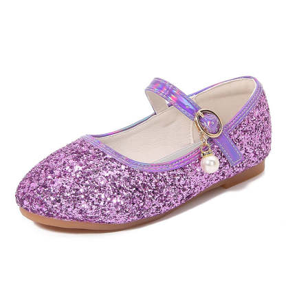 Minimalist Low Heel Round Toe Girl's Shoes with Sparkling Sequins Buckle & Pearl