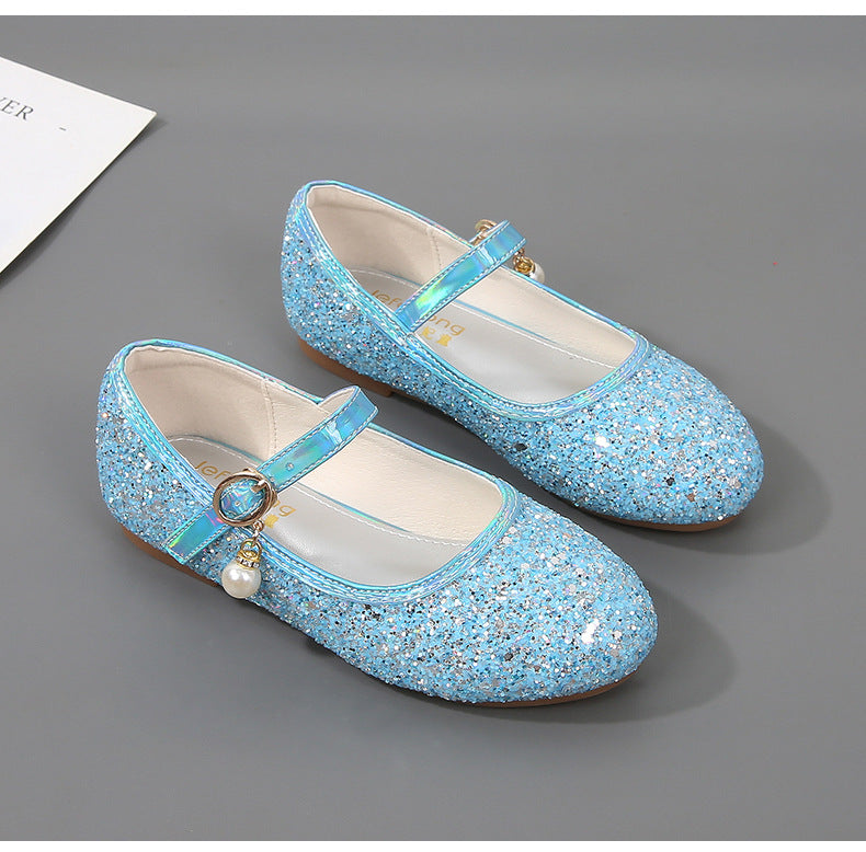 Minimalist Low Heel Round Toe Girl's Shoes with Sparkling Sequins Buckle & Pearl