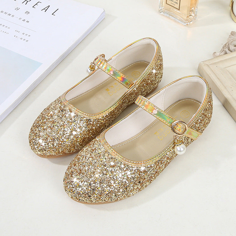 Minimalist Low Heel Round Toe Girl's Shoes with Sparkling Sequins Buckle & Pearl