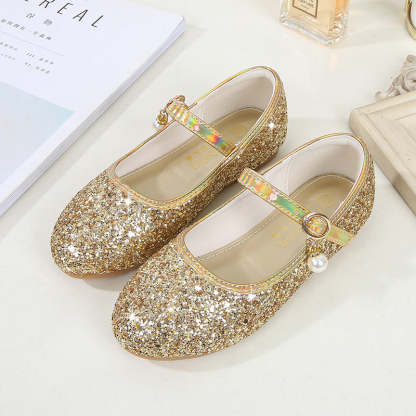 Minimalist Low Heel Round Toe Girl's Shoes with Sparkling Sequins Buckle & Pearl