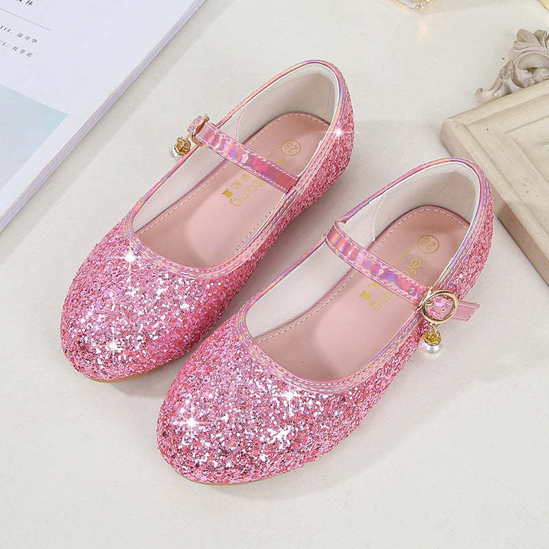 Minimalist Low Heel Round Toe Girl's Shoes with Sparkling Sequins Buckle & Pearl