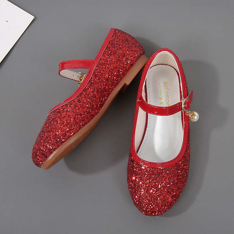 Minimalist Low Heel Round Toe Girl's Shoes with Sparkling Sequins Buckle & Pearl