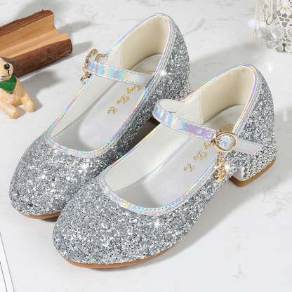 Minimalist Low Heel Round Toe Girl's Shoes with Sparkling Sequins Buckle & Pearl