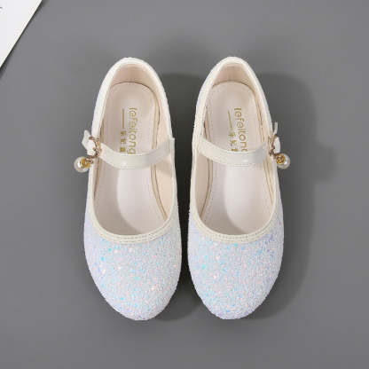 Minimalist Low Heel Round Toe Girl's Shoes with Sparkling Sequins Buckle & Pearl