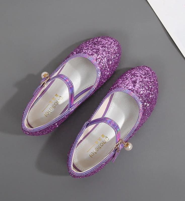 Minimalist Low Heel Round Toe Girl's Shoes with Sparkling Sequins Buckle & Pearl