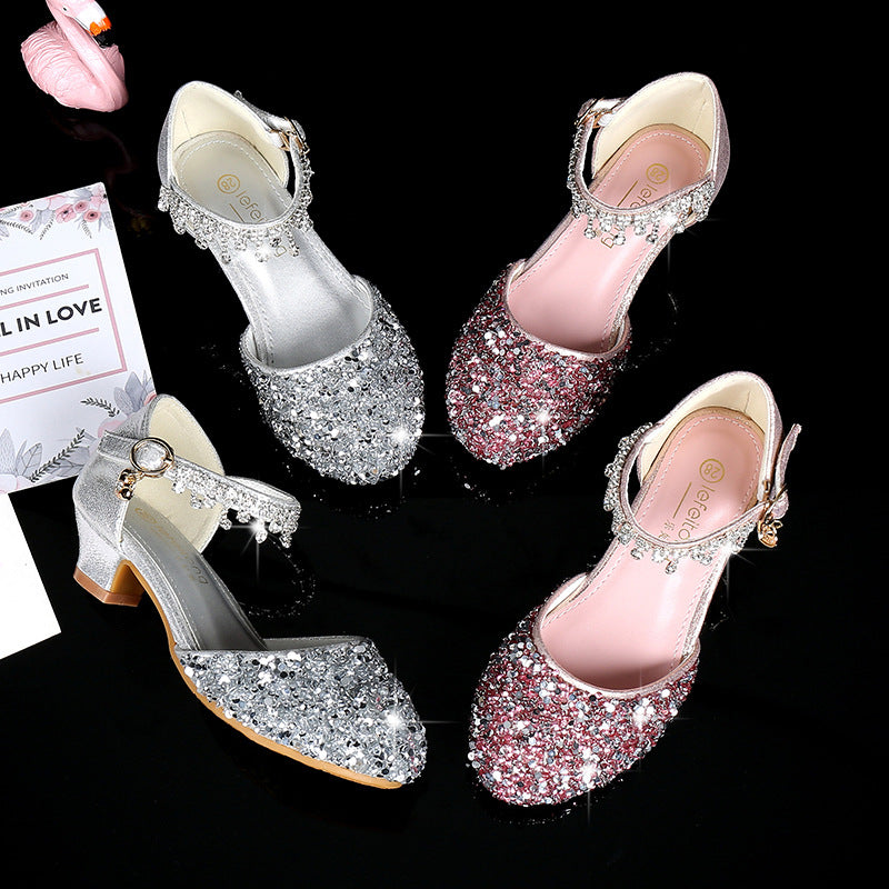 Girl's Round Toe Shoes with Sparkling Sequins and Rhinestone Buckle