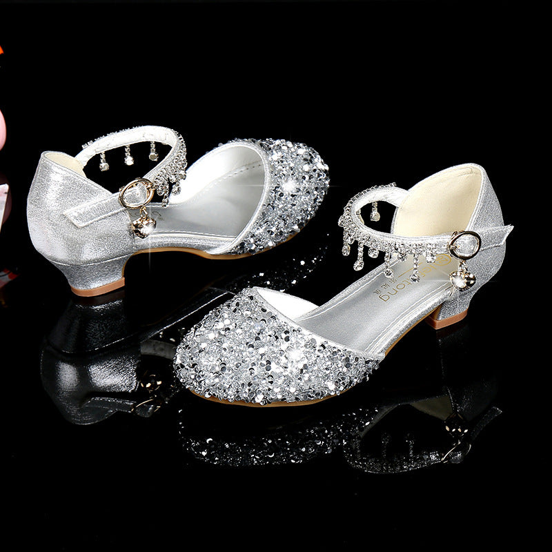 Girl's Round Toe Shoes with Sparkling Sequins and Rhinestone Buckle