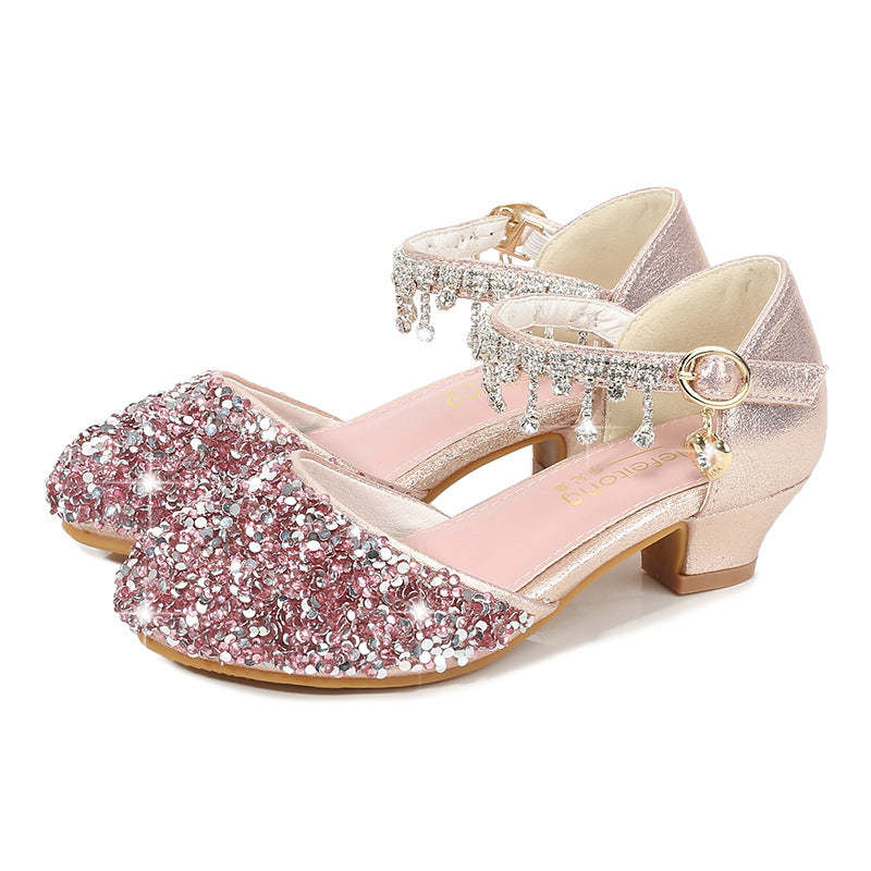 Girl's Round Toe Shoes with Sparkling Sequins and Rhinestone Buckle