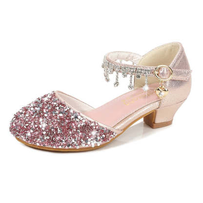 Girl's Round Toe Shoes with Sparkling Sequins and Rhinestone Buckle