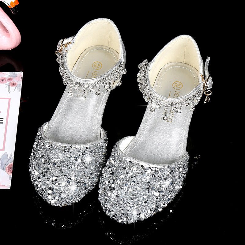 Girl's Round Toe Shoes with Sparkling Sequins and Rhinestone Buckle