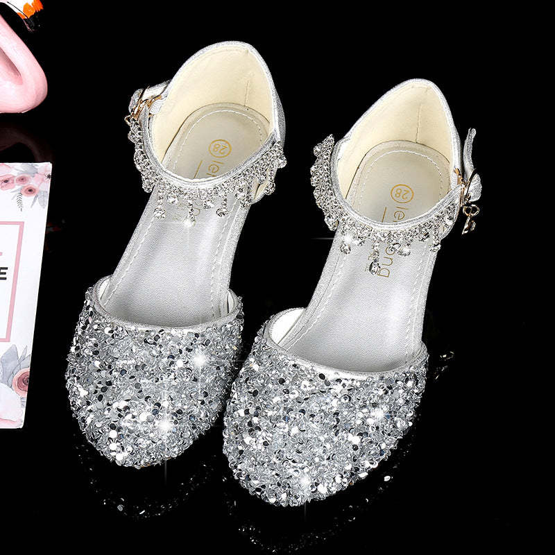 Girl's Round Toe Shoes with Sparkling Sequins and Rhinestone Buckle