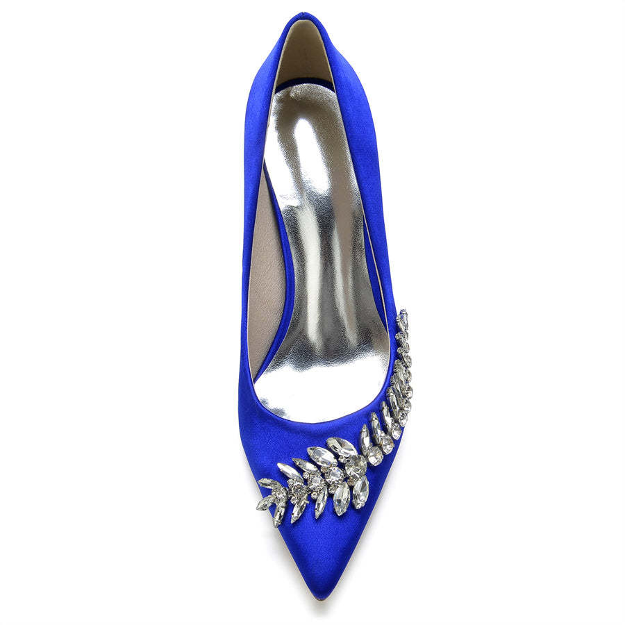 Bridal Stiletto Heels for Women in Silk Satin with Pointed Toe and Long Rhinestones
