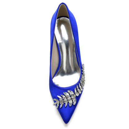 Bridal Stiletto Heels for Women in Silk Satin with Pointed Toe and Long Rhinestones